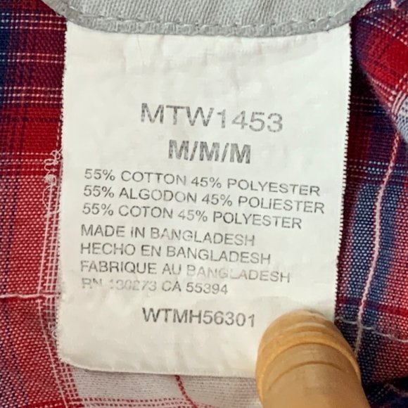 Wrangler M Wrancher Shirt Red Blue Plaid Pearl Snap Button Short Sleeve Collared - Picture 10 of 13